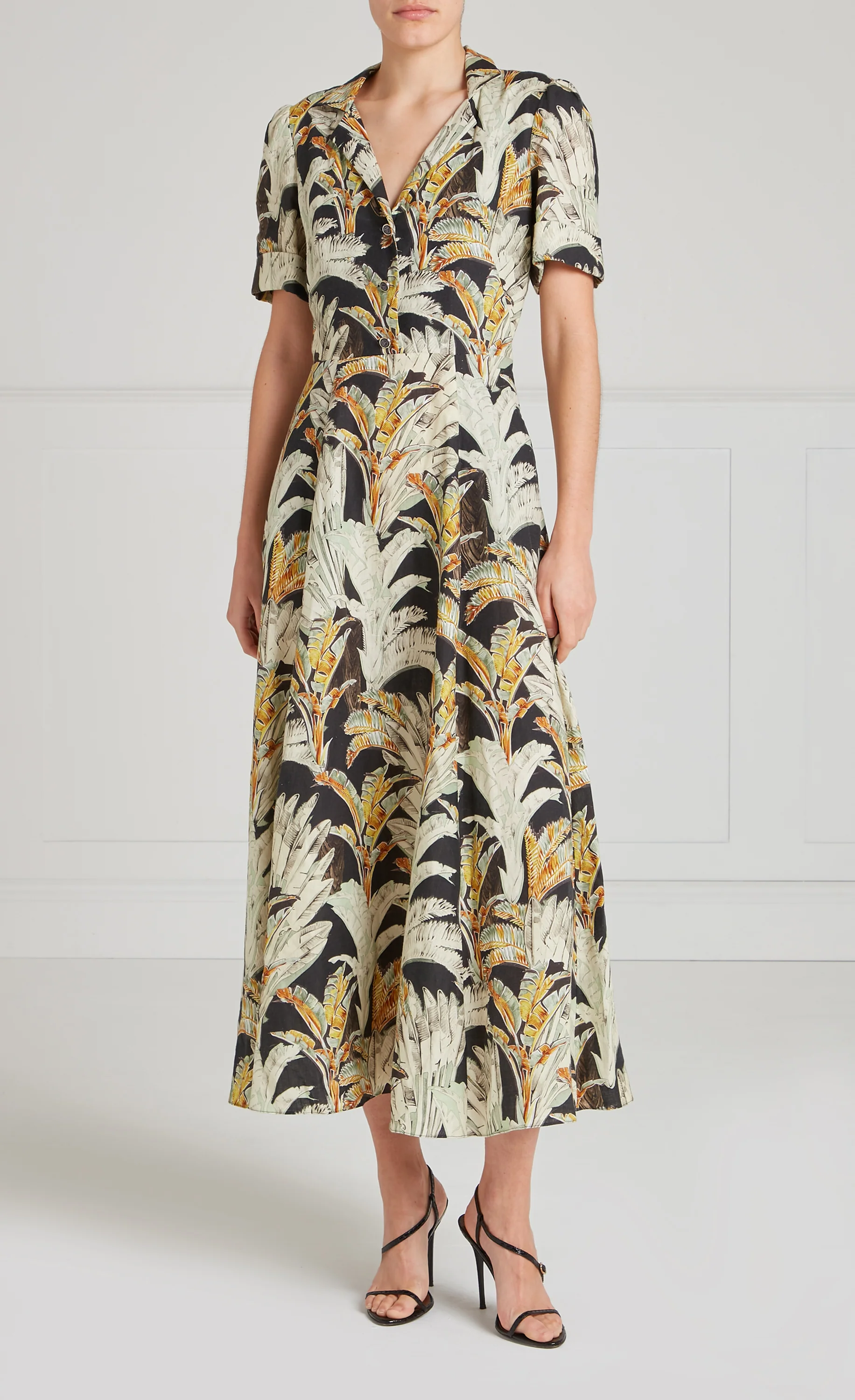 Baxter Linen Sleeved Dress - Black & Khaki - Image 2